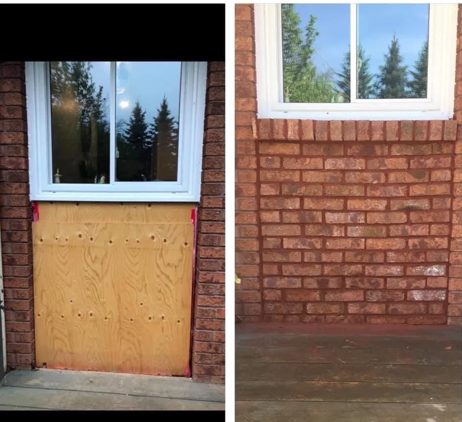 Brickwork beneath a window, before and after