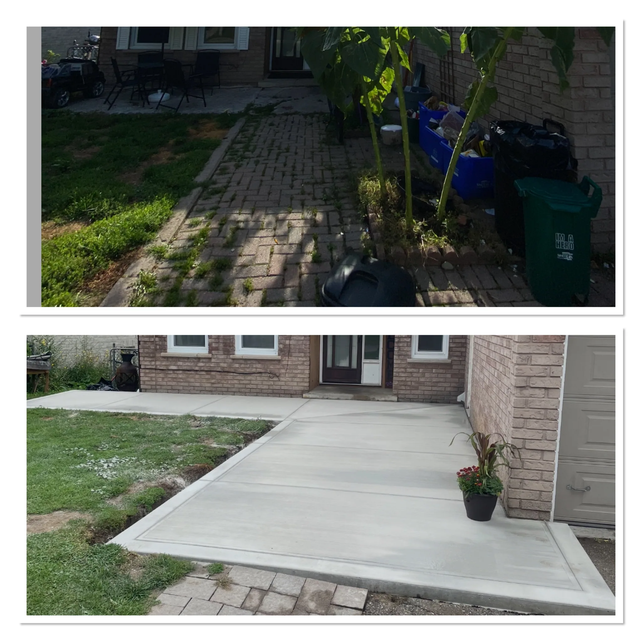 Front walkway replaced with concrete, before and after