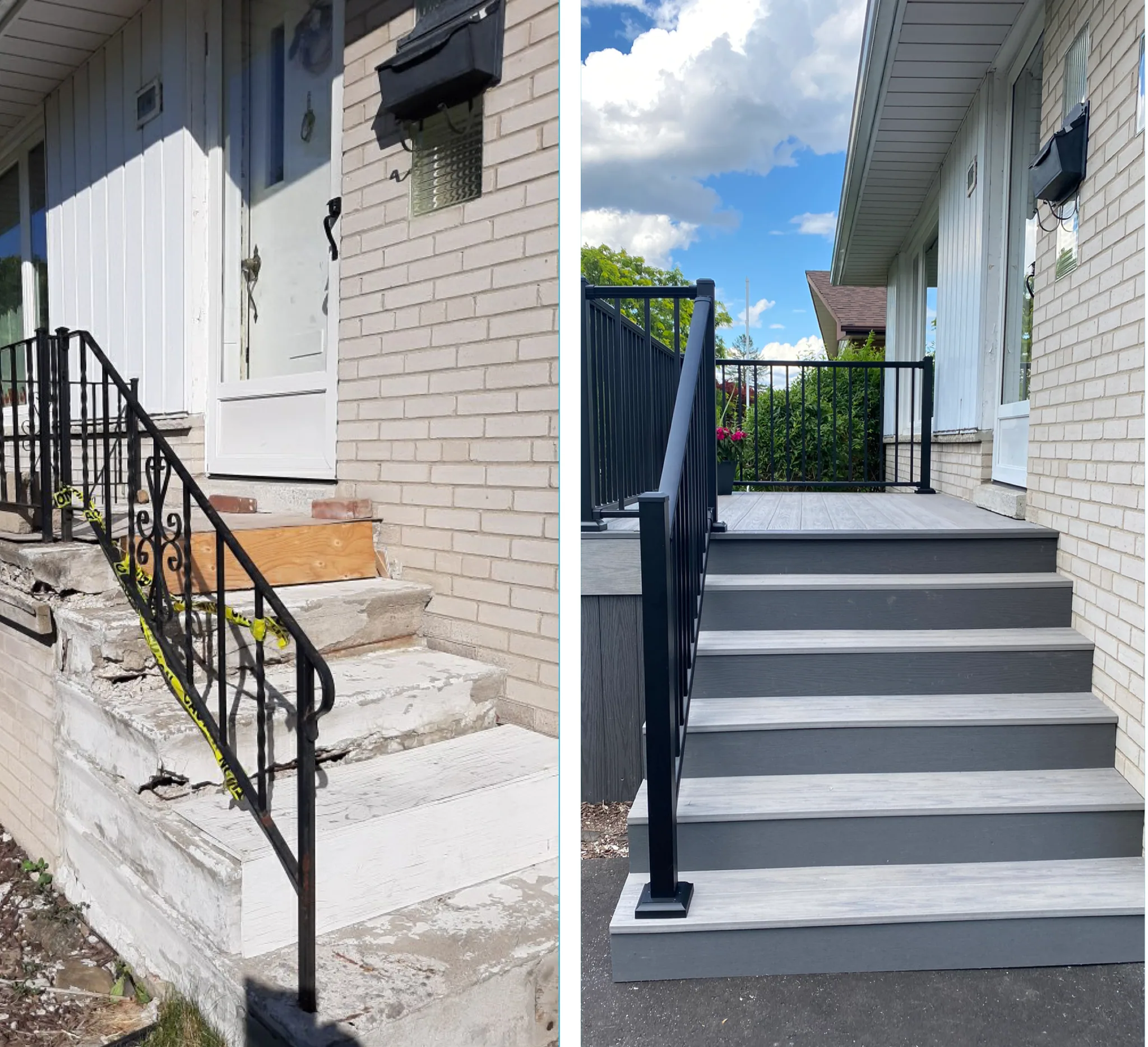 Front steps and black railing, before and after