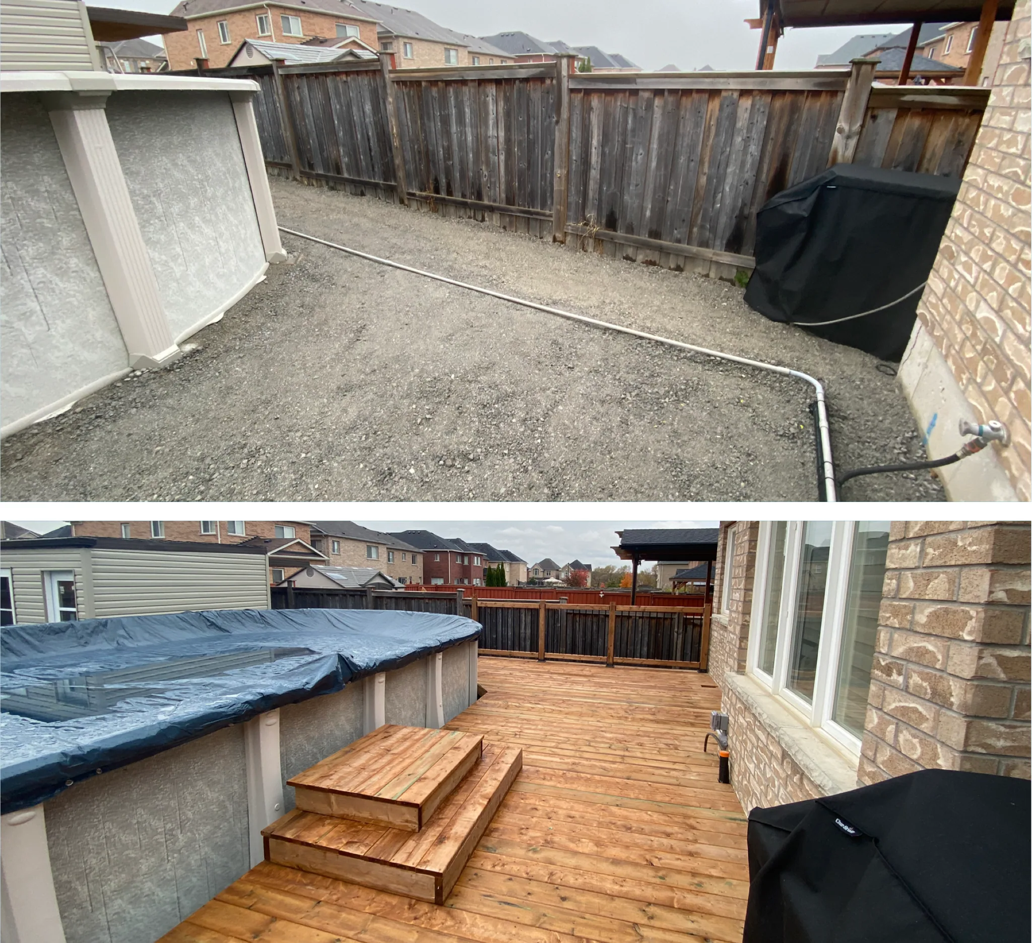 Deck beside an above-ground pool, before and after