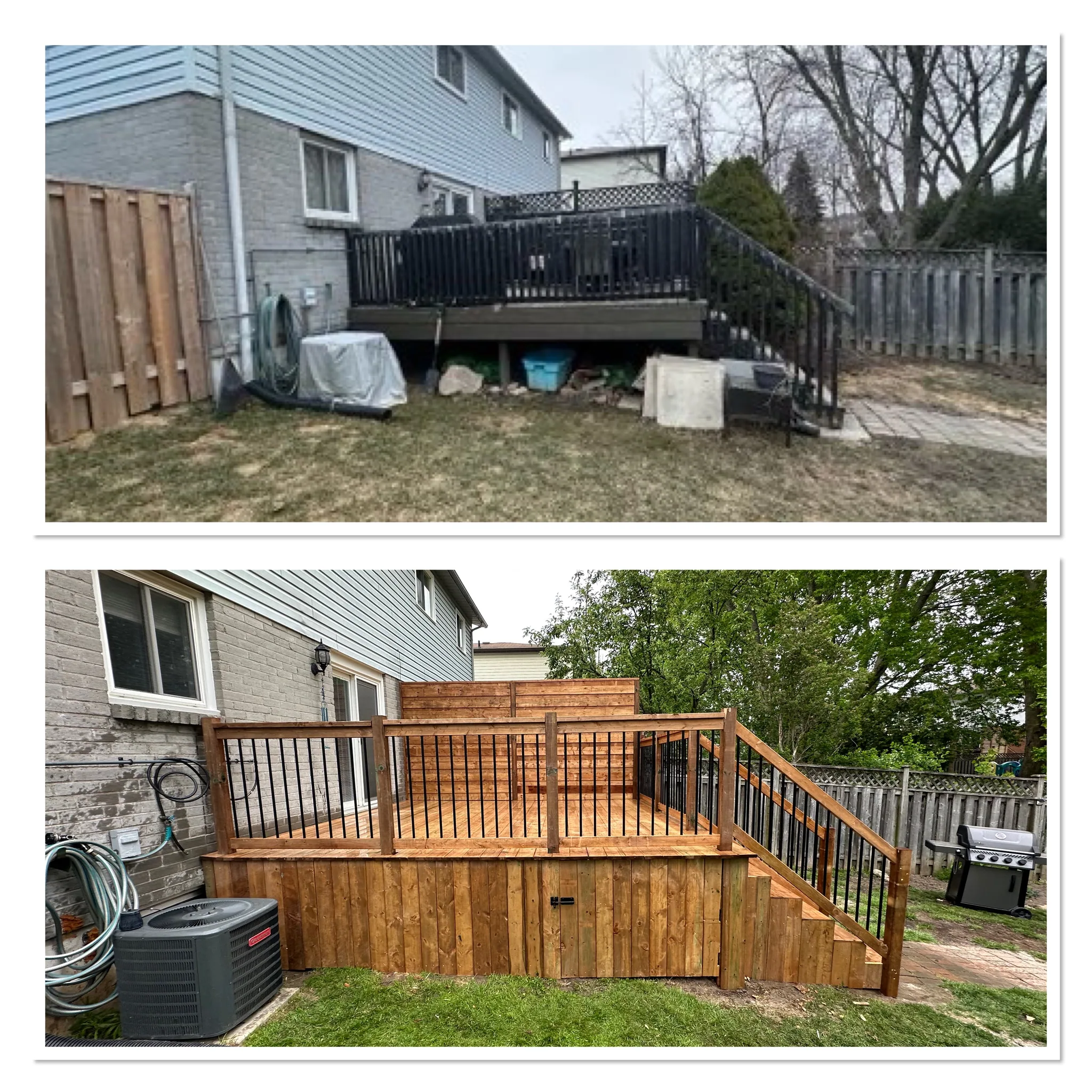 Raised backyard deck, before and after