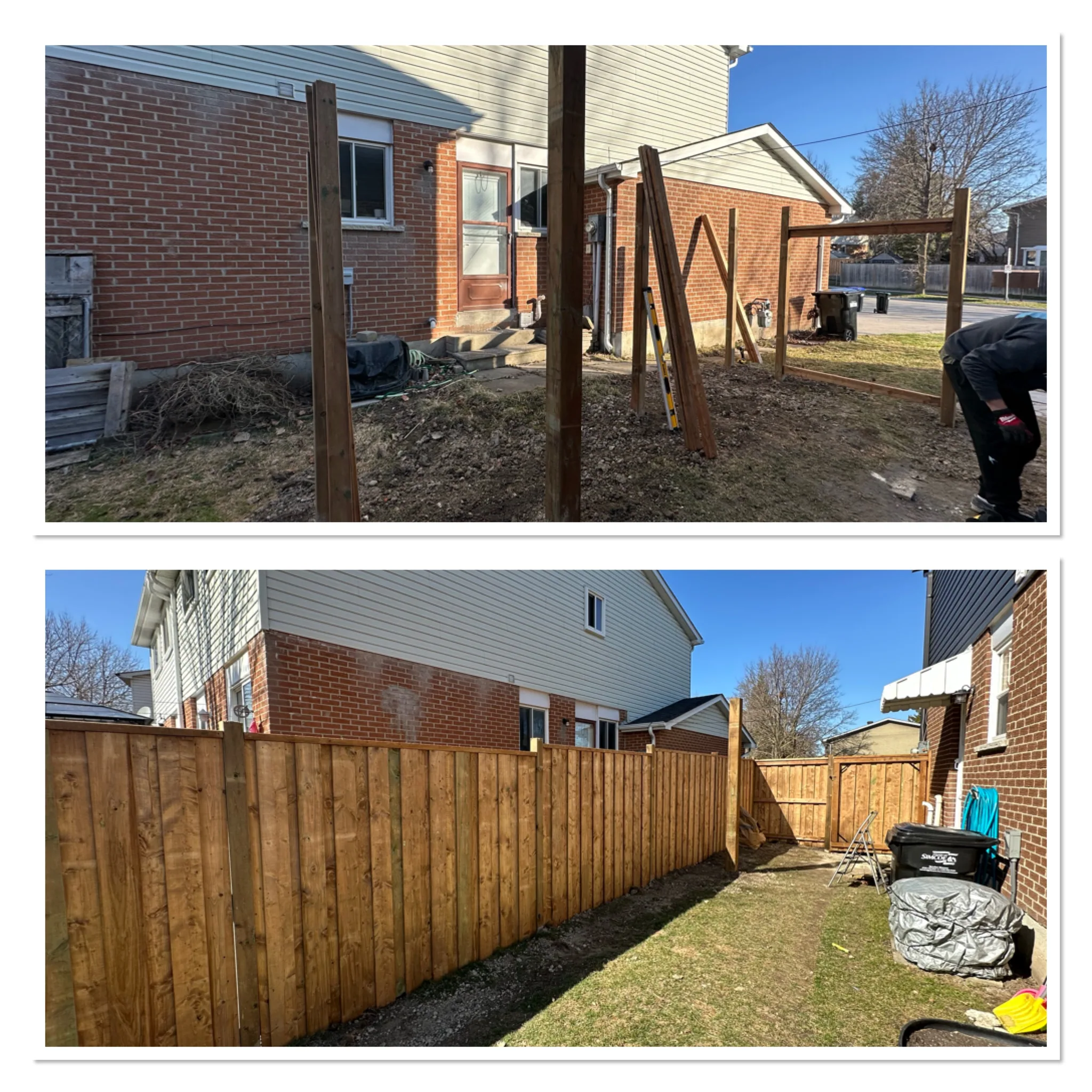 Wood privacy fence, before and after