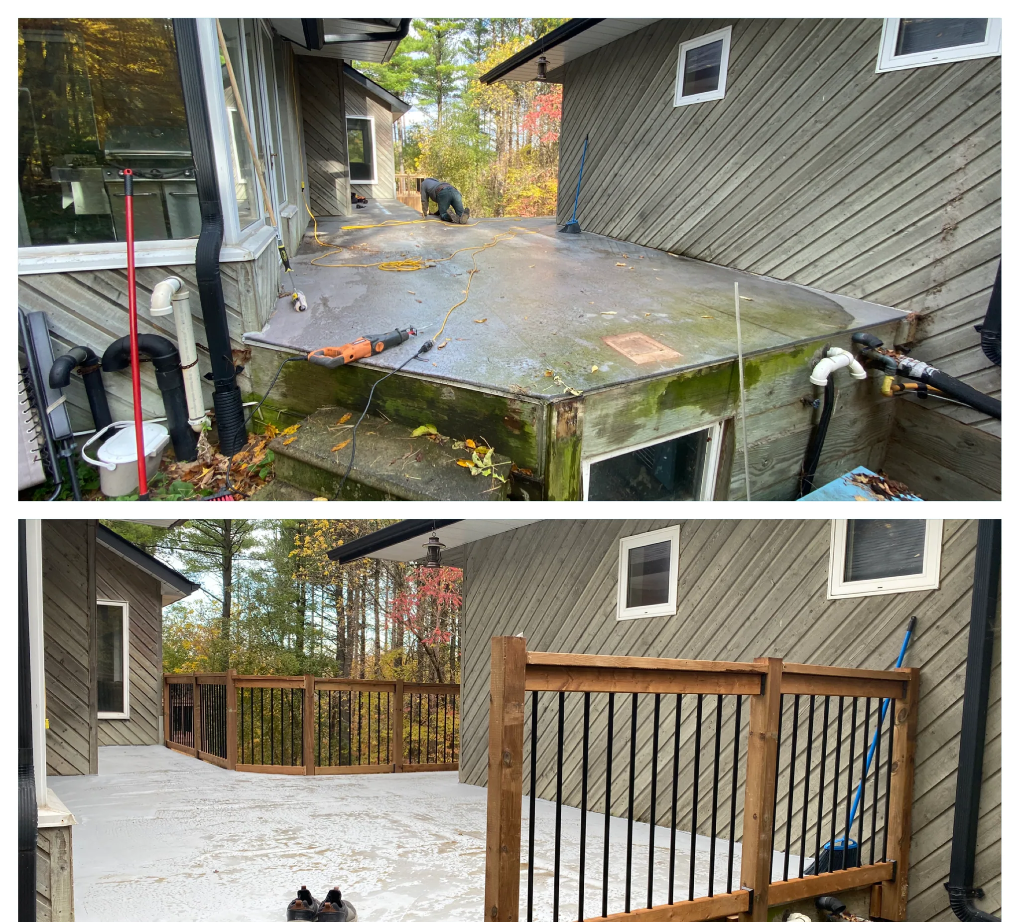 Railing added around a flat roof, before and after