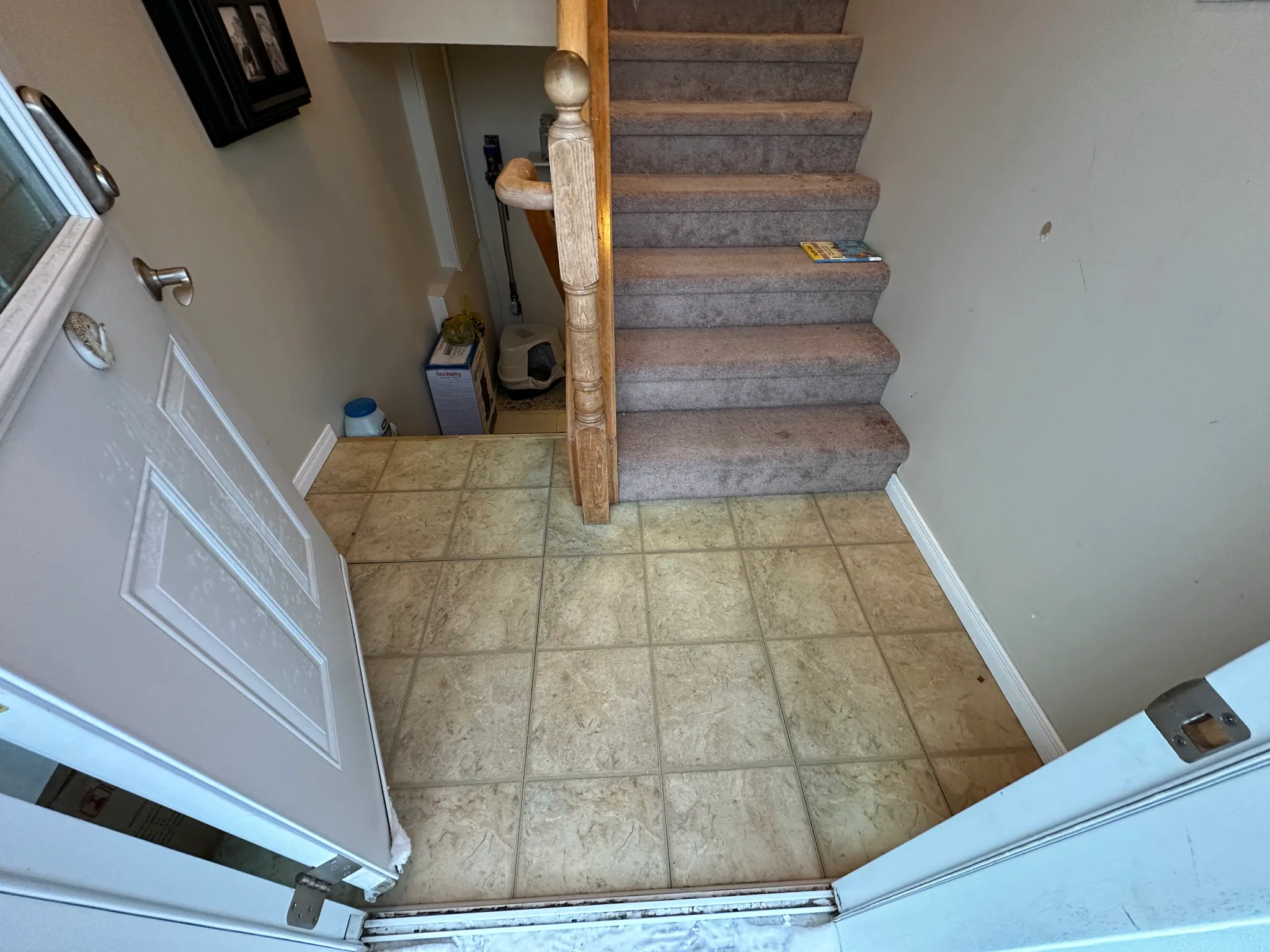 Tiled entryway beside a carpeted staircase